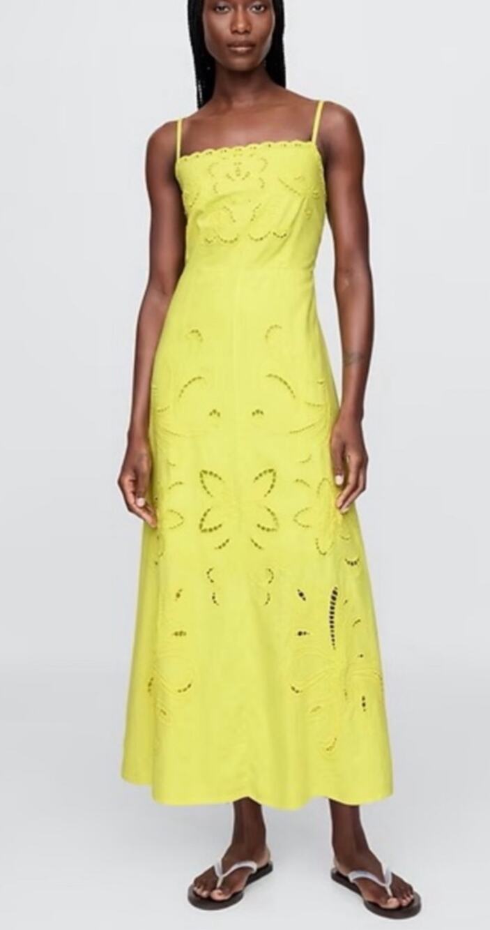 Gap Linen-Blend Embroidered Maxi Dress Limeade Green Yellow Size Medium M Garden